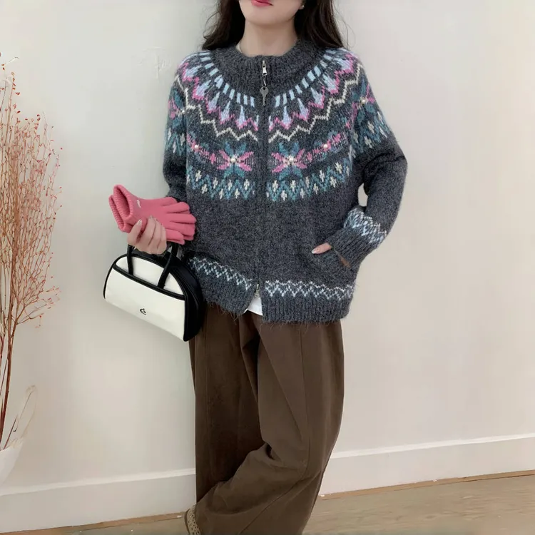 复古港风加厚秋冬针织衫女毛针织拉链衫百搭毛衣圆领费尔岛风上衣