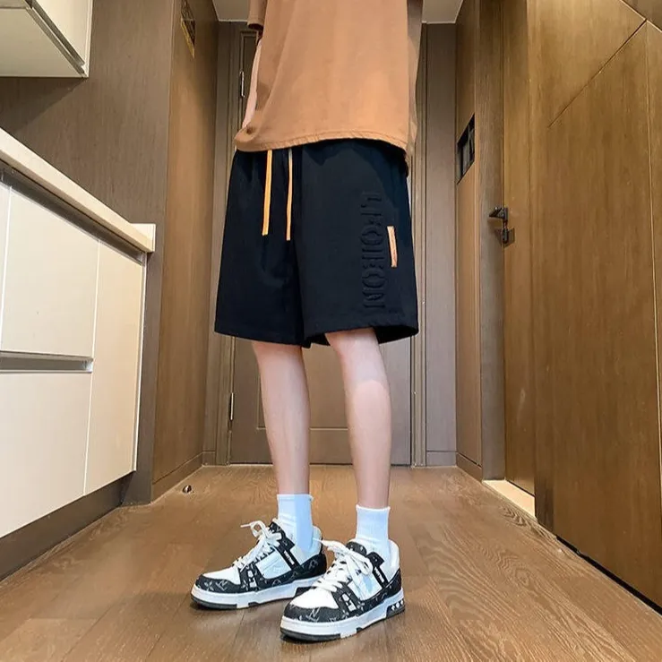 字母压花五分裤子凉感透气短裤男生初中生夏季薄款休闲中裤青少年