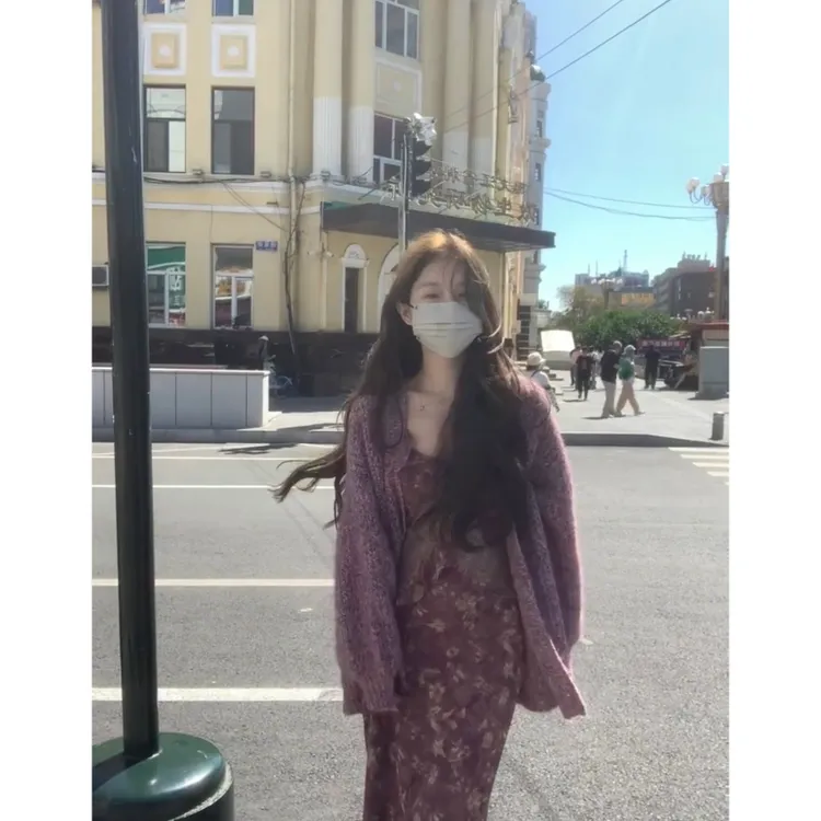 大码软糯开衫宽松大版毛衣外套温柔气质碎花裙连衣裙女无袖长裙子