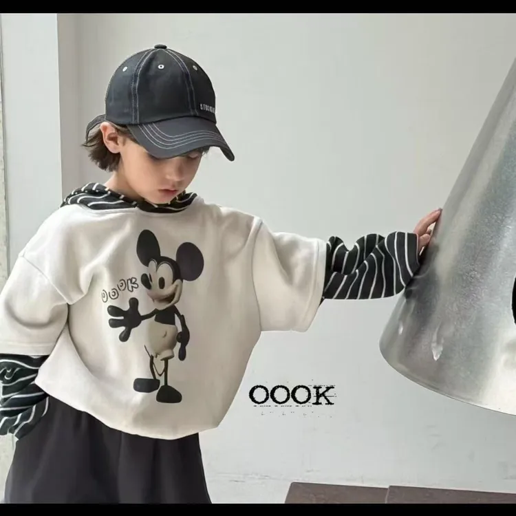 25秋上新—cook假两件卡通大米奇条纹袖帽衫