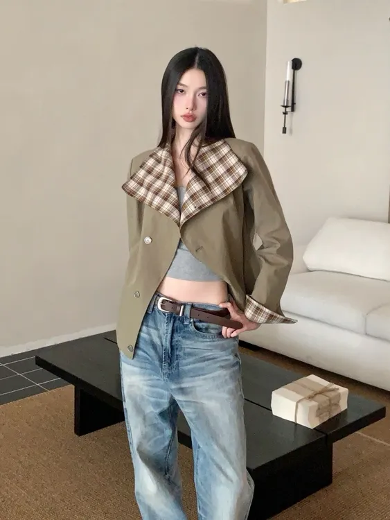 MOONSEE 美式格子拼接大翻领收腰机车外套女垫肩高级短款夹克早秋