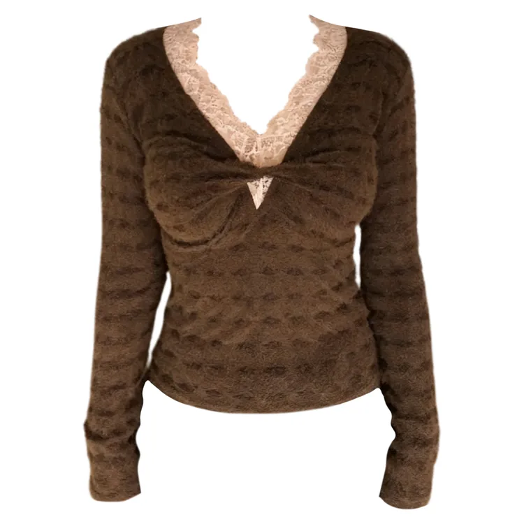 大码胖MM巨好看复古蕾丝V领假两件长袖上衣女秋冬修身高级感内搭