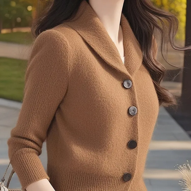 冬季时尚洋气独特别致高级感超好看慵懒风美拉德咖色翻领针织衫女