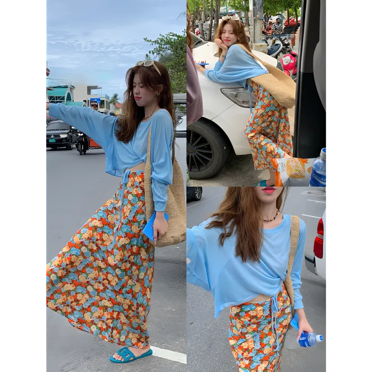 时尚复古松紧腰油画质感半身裙夏季新款法式小众高腰显瘦印花长裙
