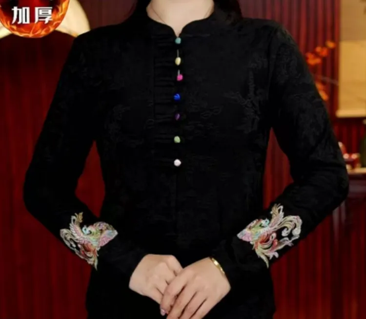 [绣鸾] 柒夫人高定加厚彩色扣子新中式刺绣打底衫--蓉蓉