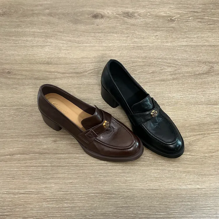 Dannyfrey复古一脚蹬真皮英伦乐福鞋山茶花圆头粗跟单鞋5CM