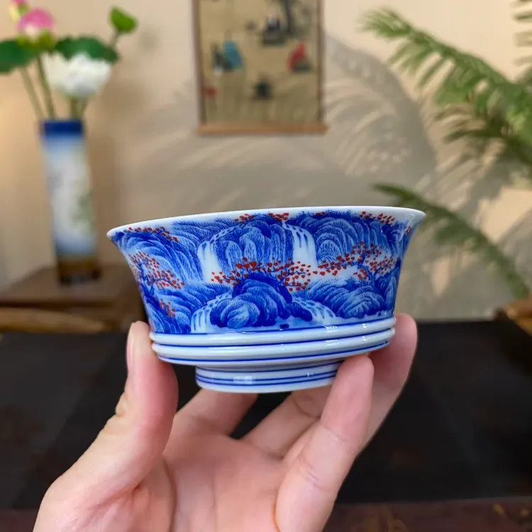 【九茗珍藏】蔡琴釉下红山水马蹄杯 景德镇纯手工手绘茶器茶具