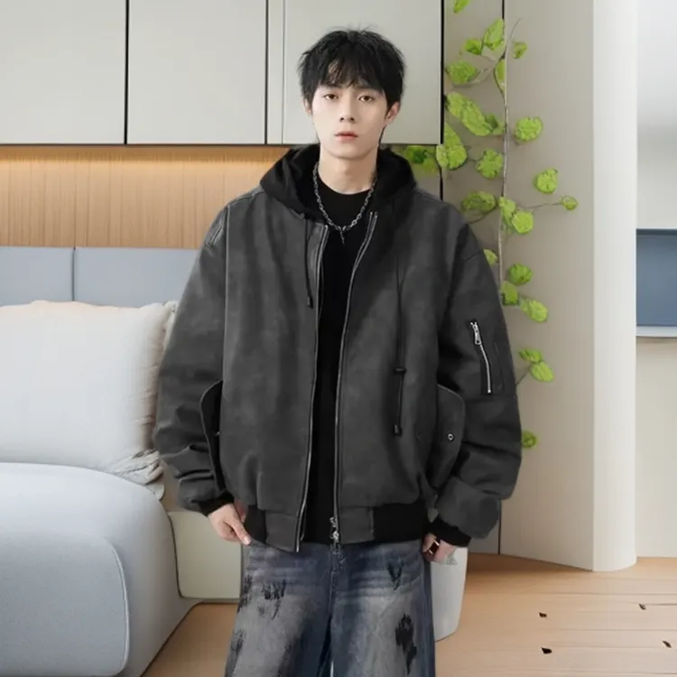 秋季男士大码皮夹克外套美式高街复古时尚棒球服新款潮流百搭夹克