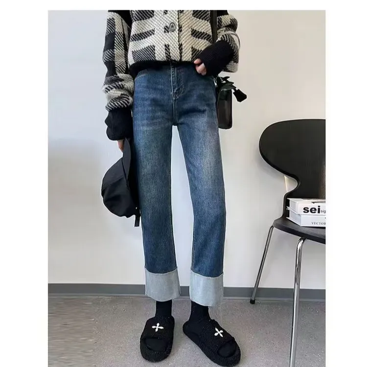 2025春秋季新款翻边卷边弹力牛仔裤高腰小个子修身显瘦烟管裤女