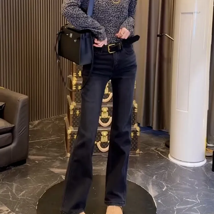 黑灰小个子微喇牛仔裤女秋冬加绒高腰百搭弹力显瘦修身喇叭长裤子