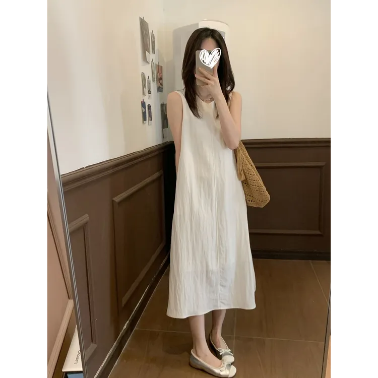 韩版小众显瘦气质法式宽松中长款无袖纯色设计感连衣裙 9758
