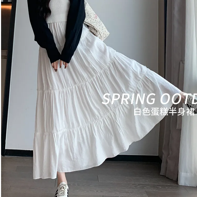 桃花皱半身裙女2025新款春季穿搭高腰温柔气质仙女A字蛋糕长裙子