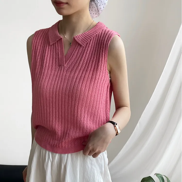 韩系天丝亚麻薄款针织衫女气质翻领镂空针织背心女无袖减龄上衣女