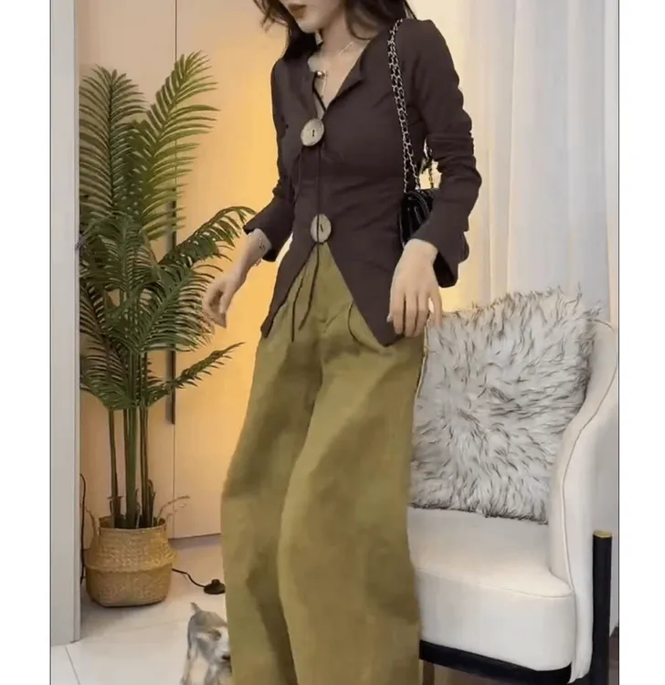 新款气质洋气V领长袖修身显瘦上衣高腰休闲阔腿裤女装