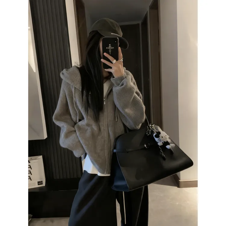 冬季新款内搭连帽拉链外套女韩版慵懒风高级感宽松毛针织衫