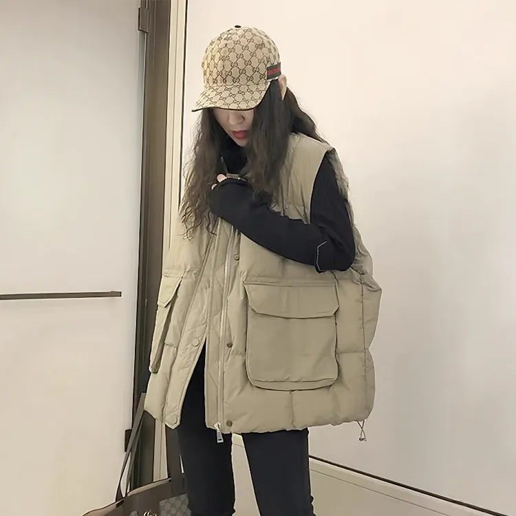 大口袋棉马甲女新款欧货大码韩款宽松时尚洋气圆领马夹外套潮流