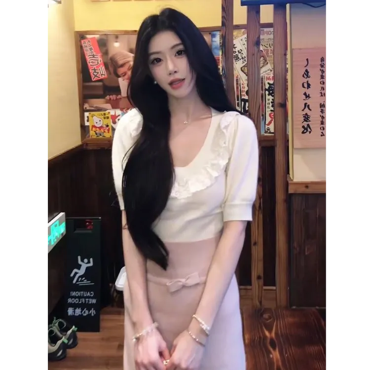 纯欲甜美套装女秋冬巨好看白色短袖针织上衣穿搭包臀鱼尾半身长裙