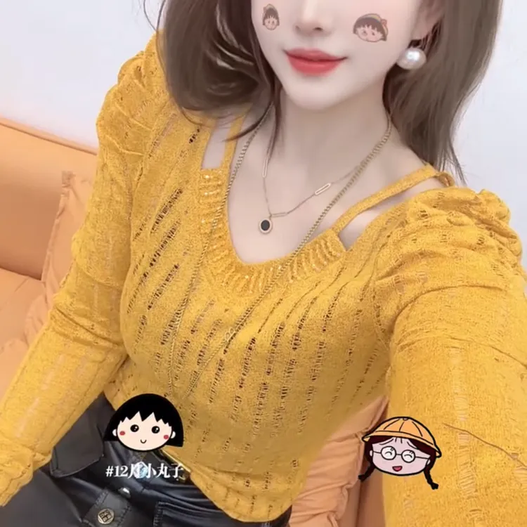 2025春夏新款重工设计修身显瘦百搭V领洋气镂空微透长袖T恤女