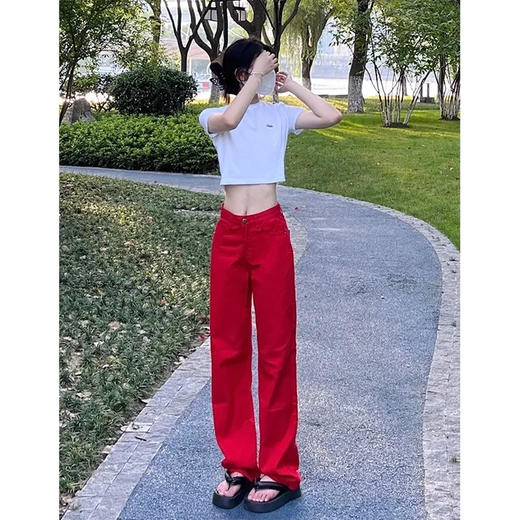高街红色牛仔裤女2025秋季新款高腰显瘦宽松直筒阔腿裤加长拖地裤
