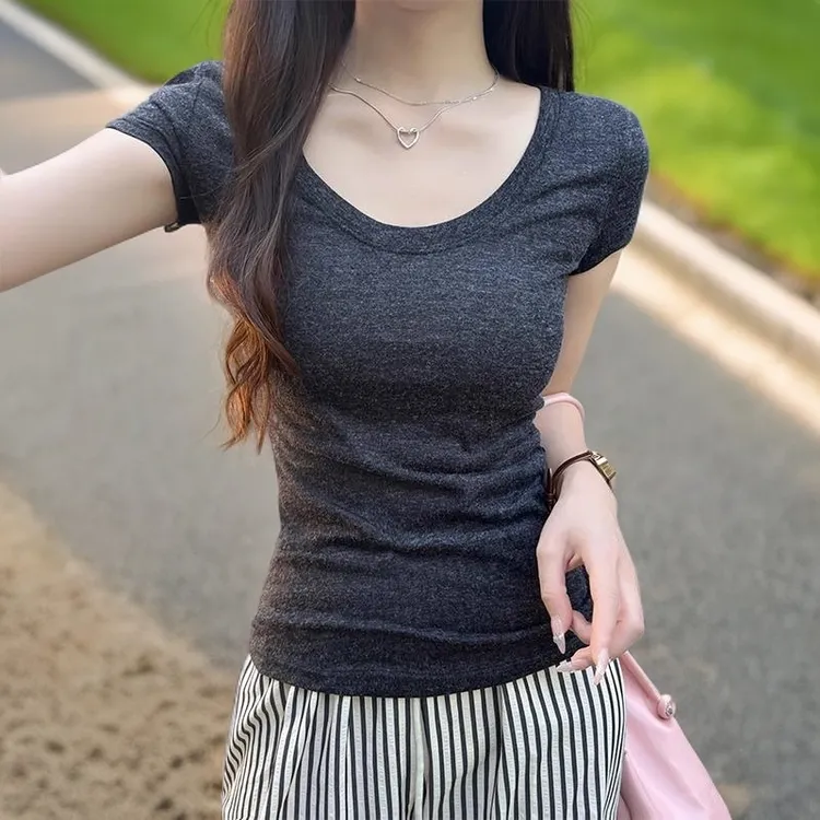 【夏日款】白/灰色薄款短袖T恤女2025春季修身露锁骨打底衫U领上衣