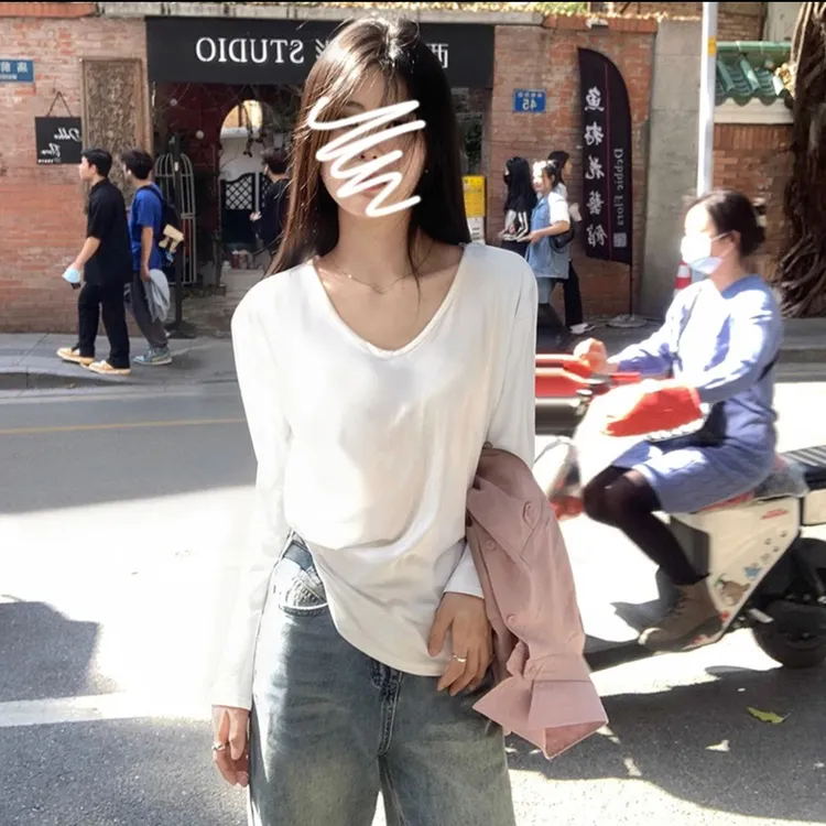 【运补6-10¥】秋季大v领宽松慵懒感冰感弹力长袖t恤女宽松体恤上衣商品图