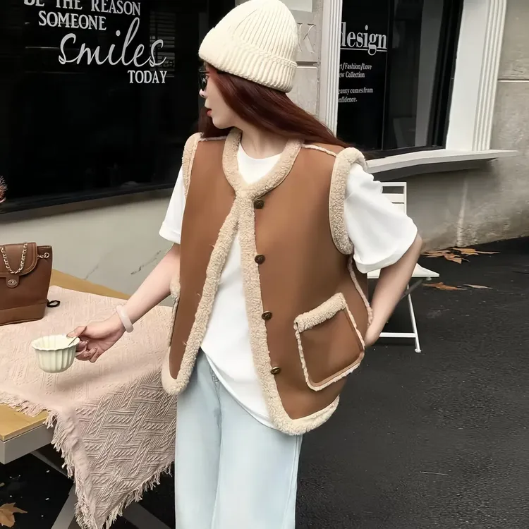 2025秋季新款麂皮绒羔毛皮毛一体马甲女背心皮马夹百搭外搭89025