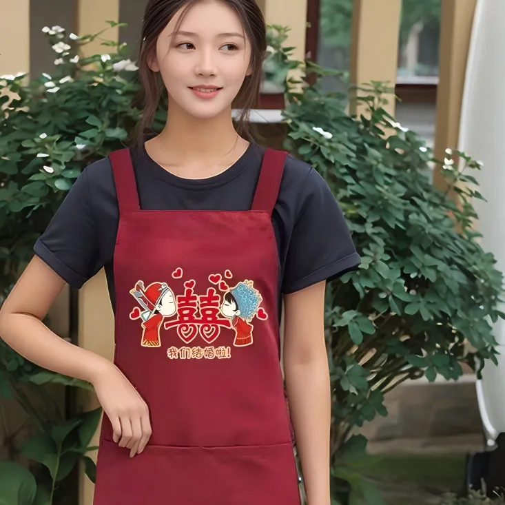 加厚结婚喜庆喜事围腰透气印染围裙袖套时尚结婚防油易清洗做饭