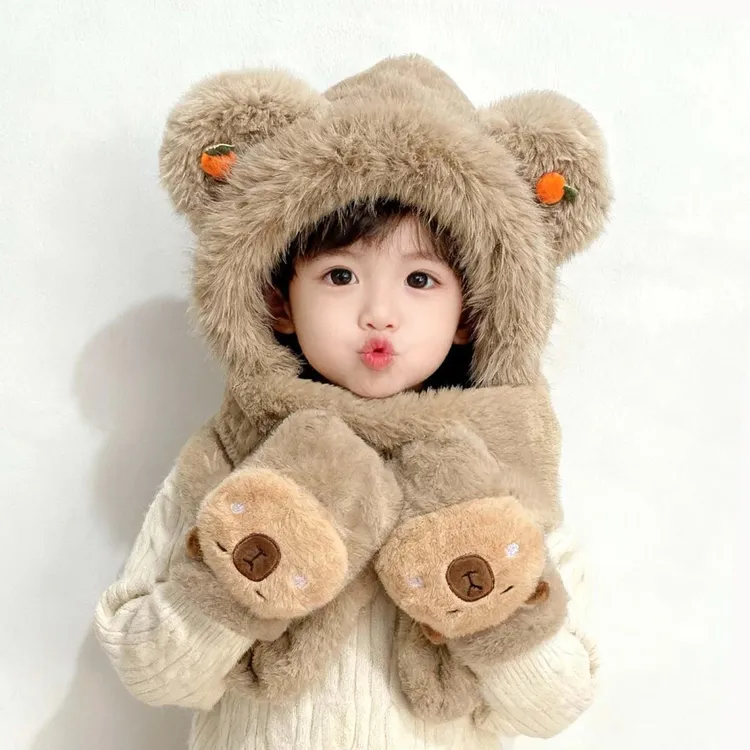 儿童帽子秋冬男童女童卡通宝宝围脖手套三件套防寒毛绒围巾一体帽