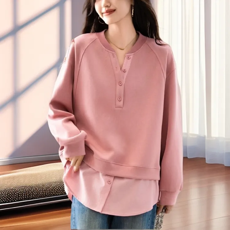 【雅岚女装】时尚洋气显瘦粉色小v领假两件亲肤卫衣女春秋新款大码
