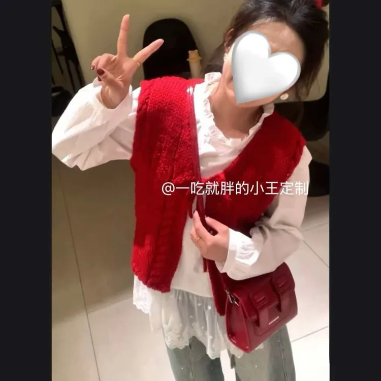 【小王家】法式圆领马夹韩版休闲小个子马甲时尚套装时尚复古红色