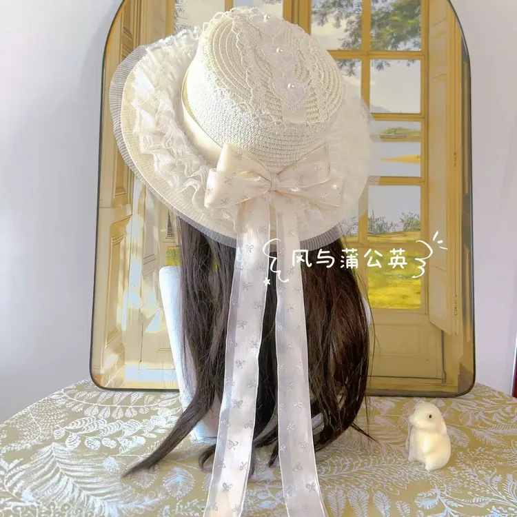 原创洛丽塔野香奶芙蝴蝶结草帽遮阳帽森系女夏季帽子百搭时尚蕾丝