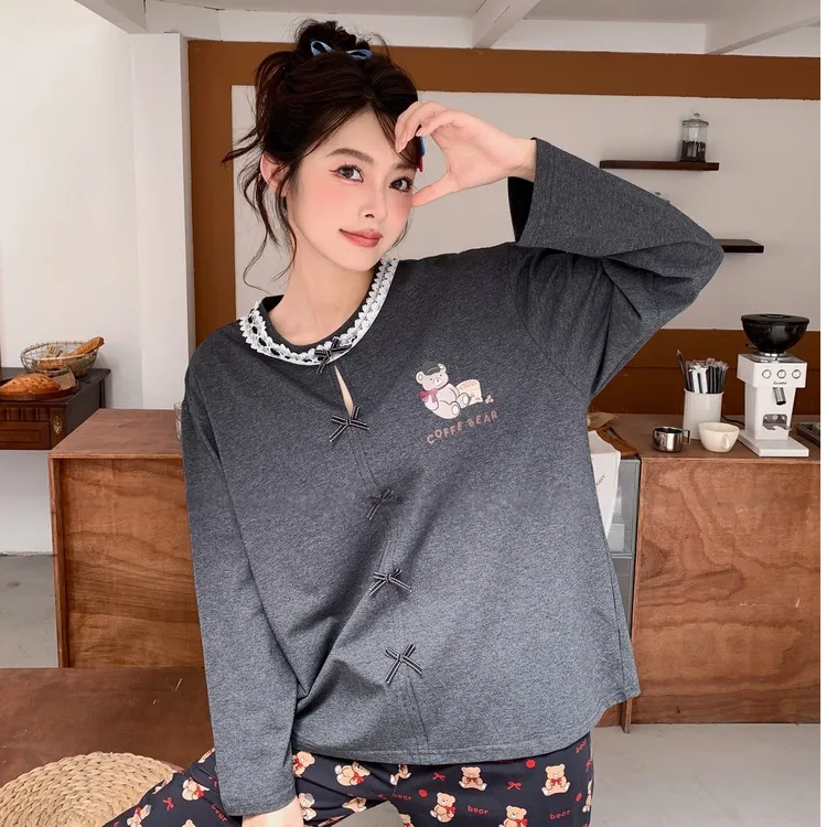 印花圆领四季家居服套装女百搭设计感蝴蝶结小熊睡衣不起球2027
