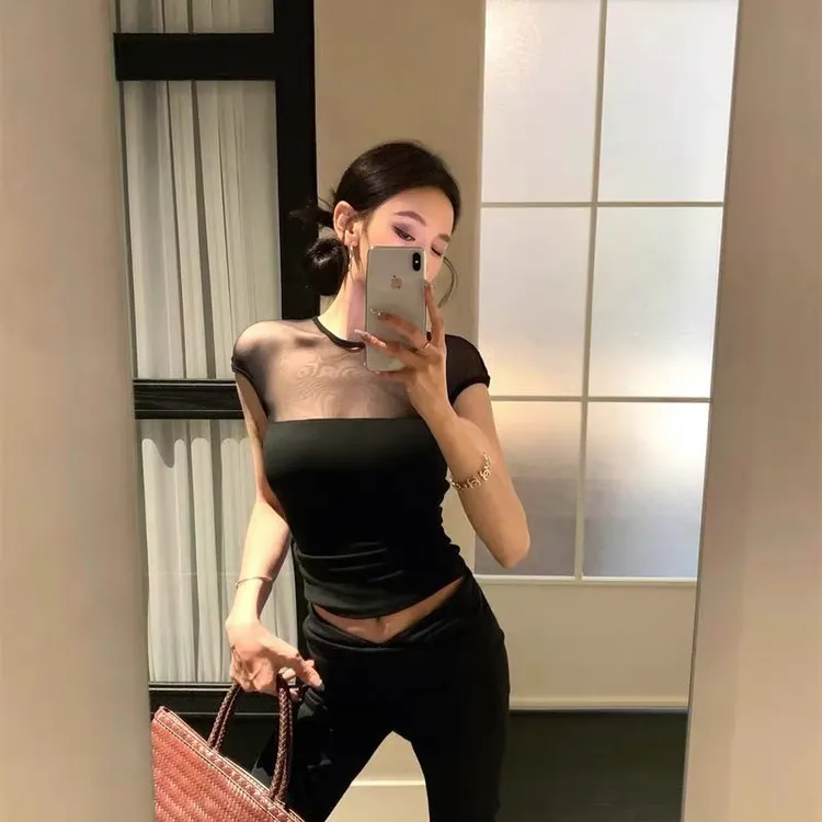 纯欲带胸垫短袖t恤女夏季2025新款拼接修身掐腰性感网纱微透上衣