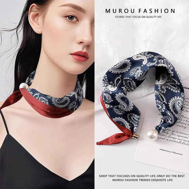 日本夏季薄款磁吸扣贝珠长条丝巾气质百搭复古围巾