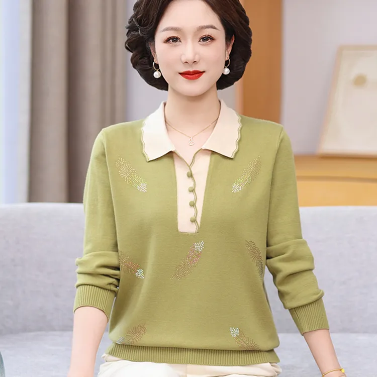 妈妈春装新款洋气针织打底衫2025中老年女装春秋翻领长袖毛衣减龄