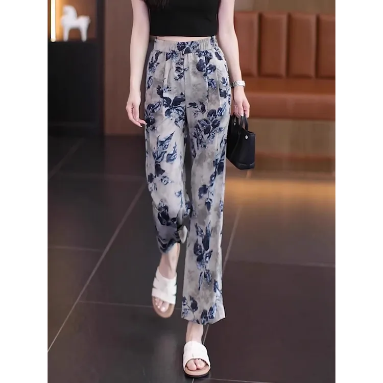 冰丝印花阔腿裤女士2025年夏季薄款新款松紧腰宽松九分休闲直筒裤