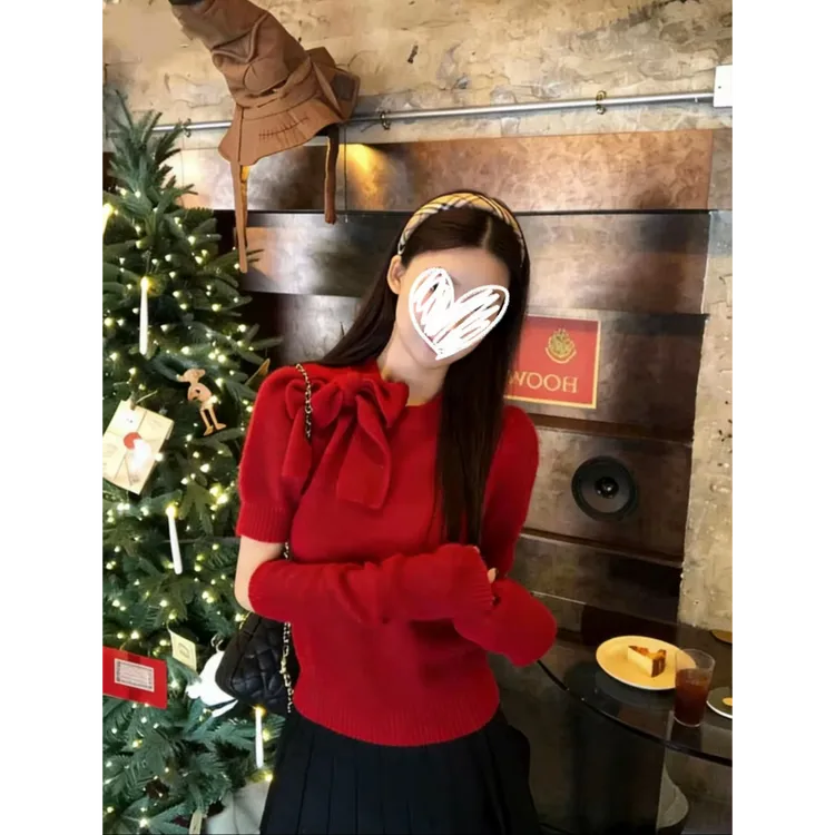 【交响乐】冬季气质设计感圣诞感洋气蝴蝶结泡泡袖毛衣D1114