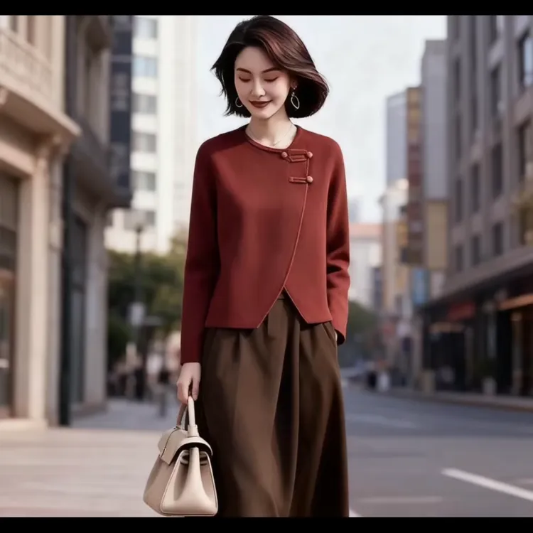 2025秋冬爆款酒红色气质显瘦半身裙国风套装裙两件套遮肚子一整套