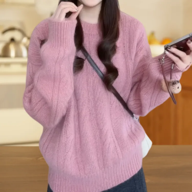法式温柔系气质宽松休闲超好看套头粉色麻花毛衣LK2508466