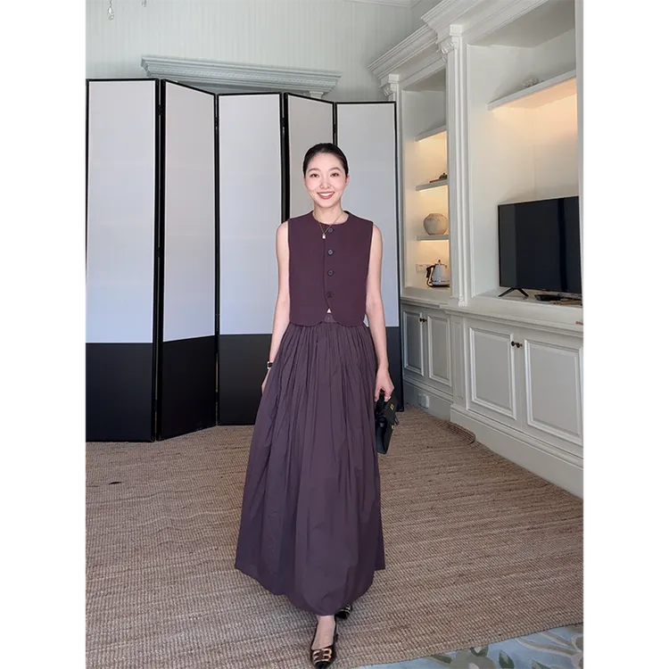 郭九九呢 亚麻棉文艺感显瘦马甲上衣褶皱高腰半身裙 G925Z03219