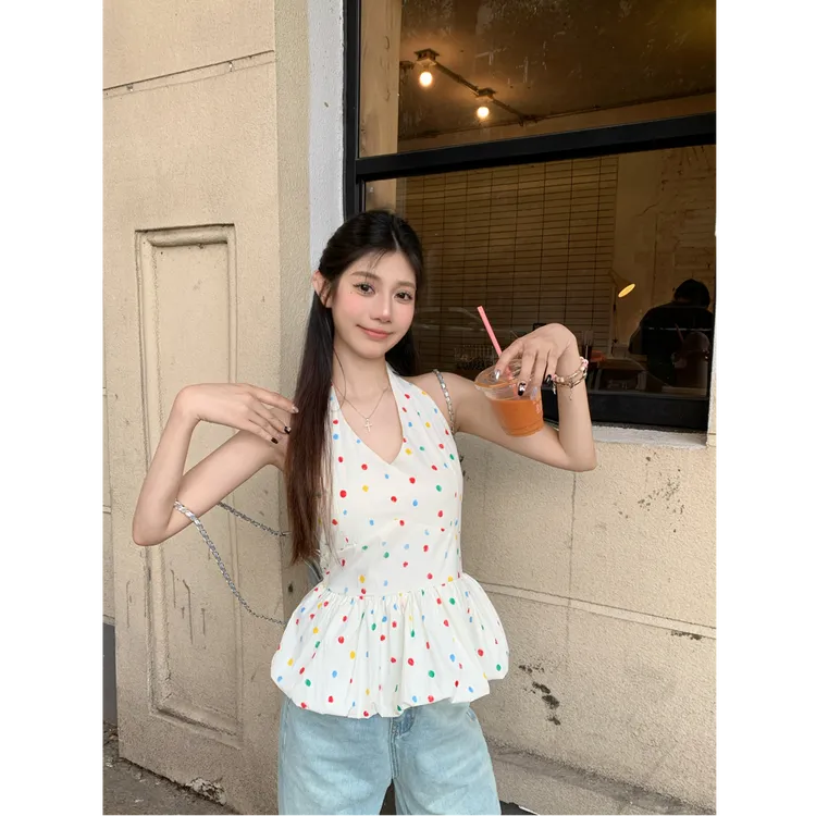 甜辣妹风波点V领挂脖吊带背心女装夏季修身显瘦上衣