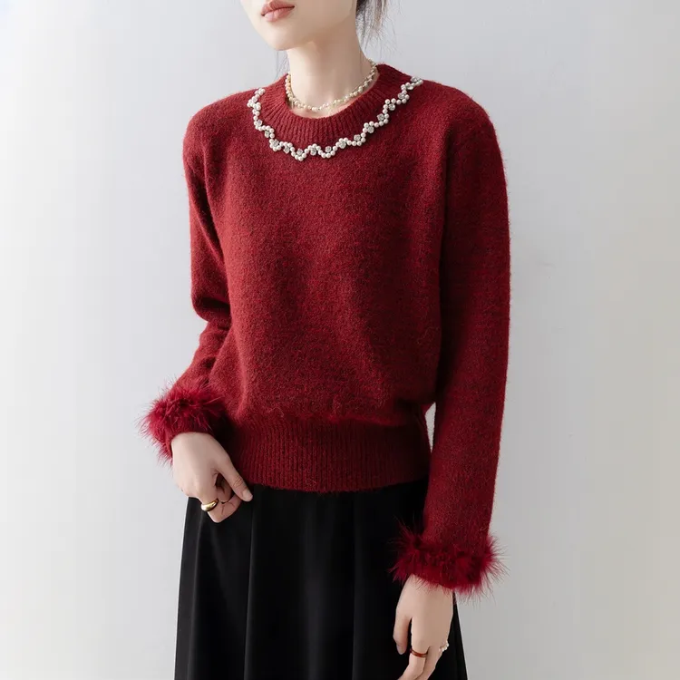 时尚法式钉珠拼接袖口毛毛领慵懒风针织毛衣软糯显瘦秋冬上衣女