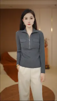 （超细精纺羊毛）秋季厚款高领时尚休闲显瘦套头拉链开衫1579251