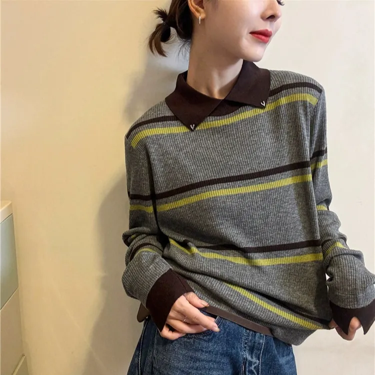 MEIZHENZI【优雅大淑】31%超细绵羊毛|秋冬小翻领针织衫女打底毛衣