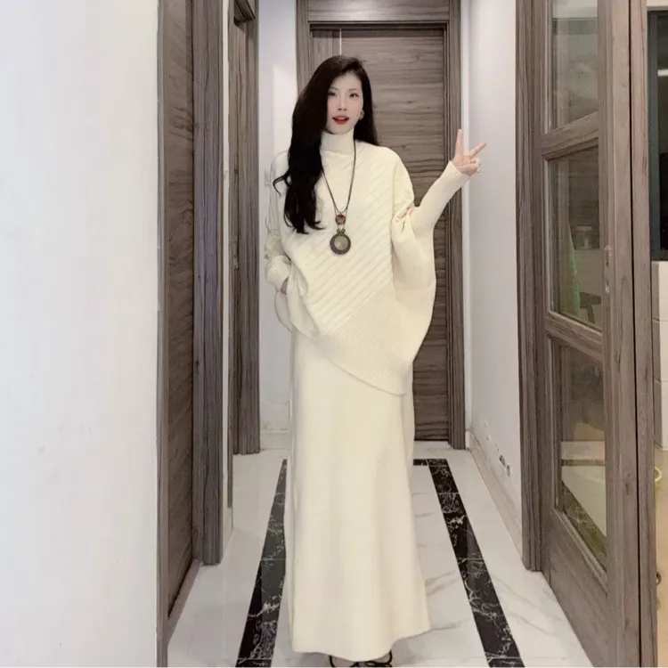 秋冬厚款套装简约显瘦高领针织衫宽松蝙蝠袖上衣A字半裙时尚
