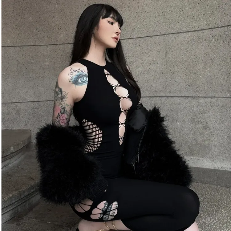 美式辣妹镂空均码黑色街头性感包臀裙连衣裙紧身显瘦开叉女裙长裙