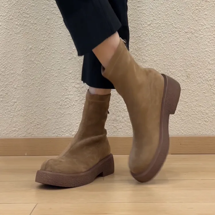 RubyL/5cm极简复古风舒适百搭后拉链圆头厚底粗跟弹力瘦瘦靴女款