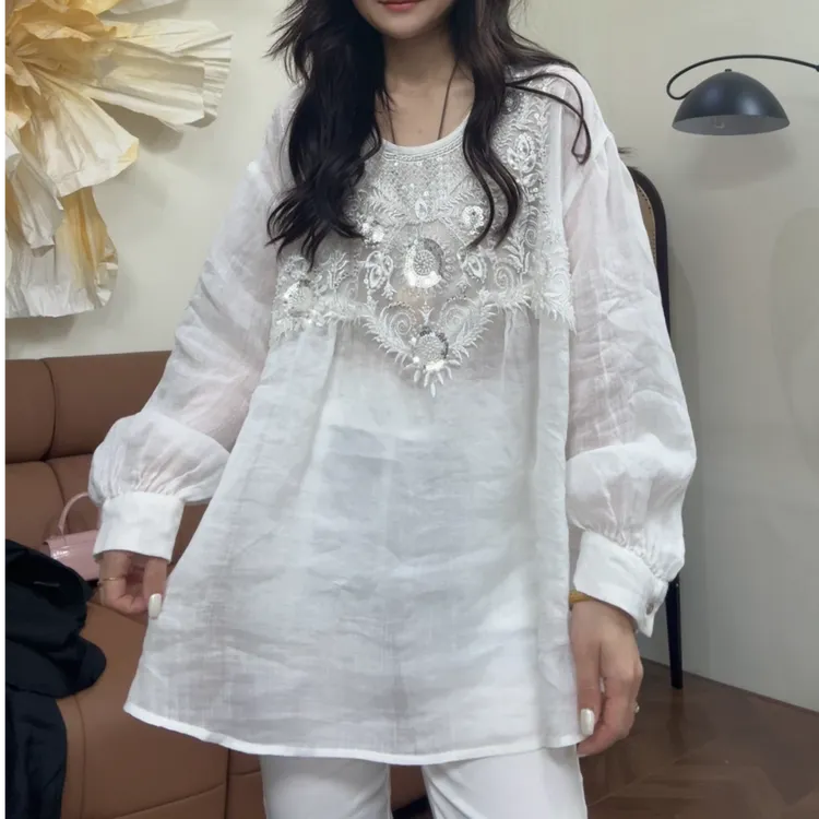 museguhui/木色古汇88751#宽松时尚百搭夏季重工圆领拼接苎麻上衣