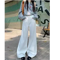 冬季新款百搭时尚休闲设计感加绒白色翻盖牛仔A版大阔腿裤B3026