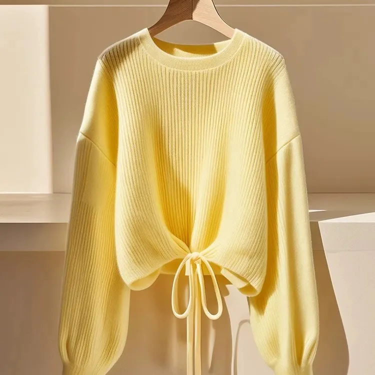 韩系氛围感穿搭高级感超好看针织衫多巴胺黄色掐腰圆领毛衣女冬季